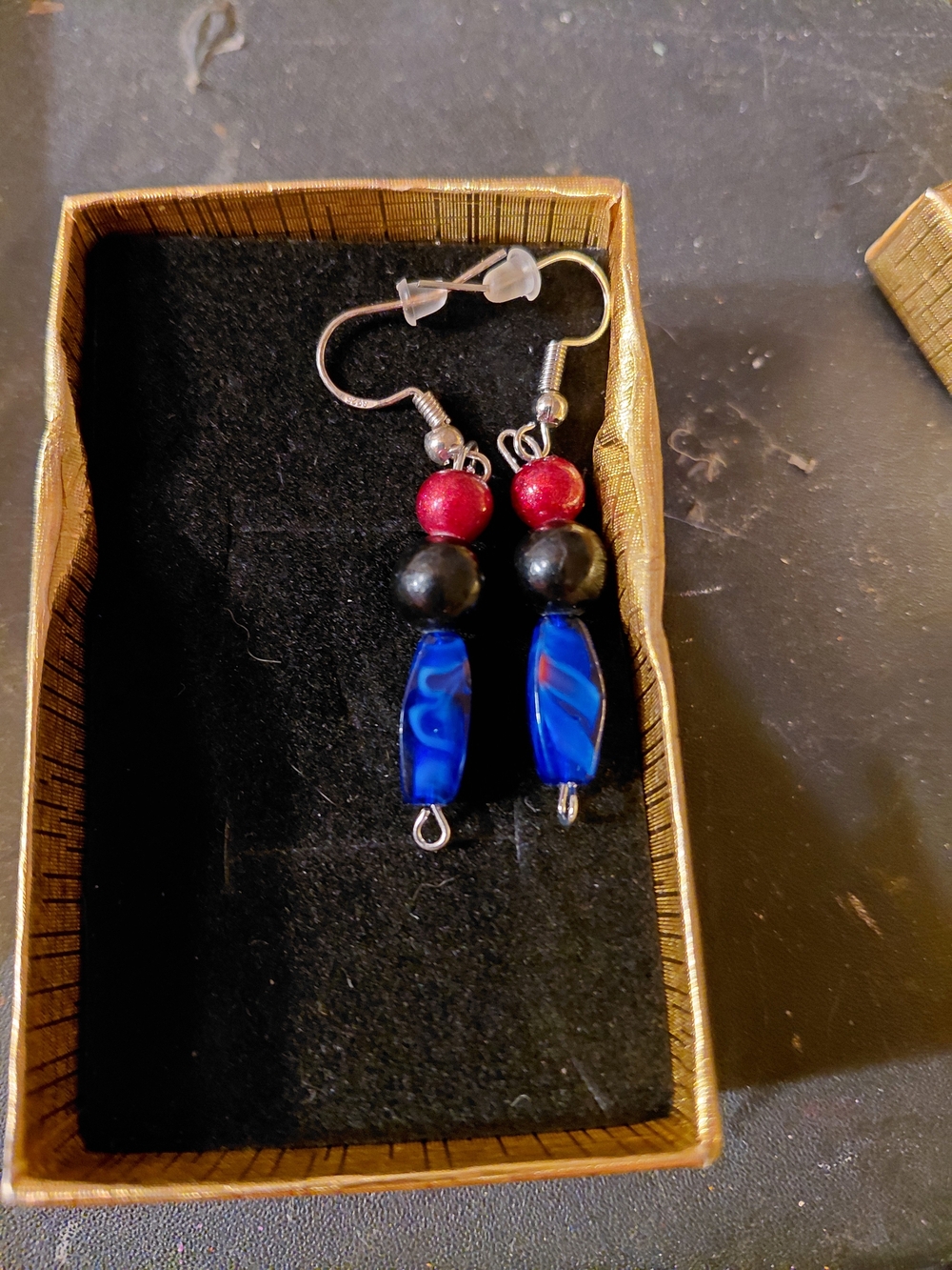 Blue Drop Bead Earrings with Red & Black Accents